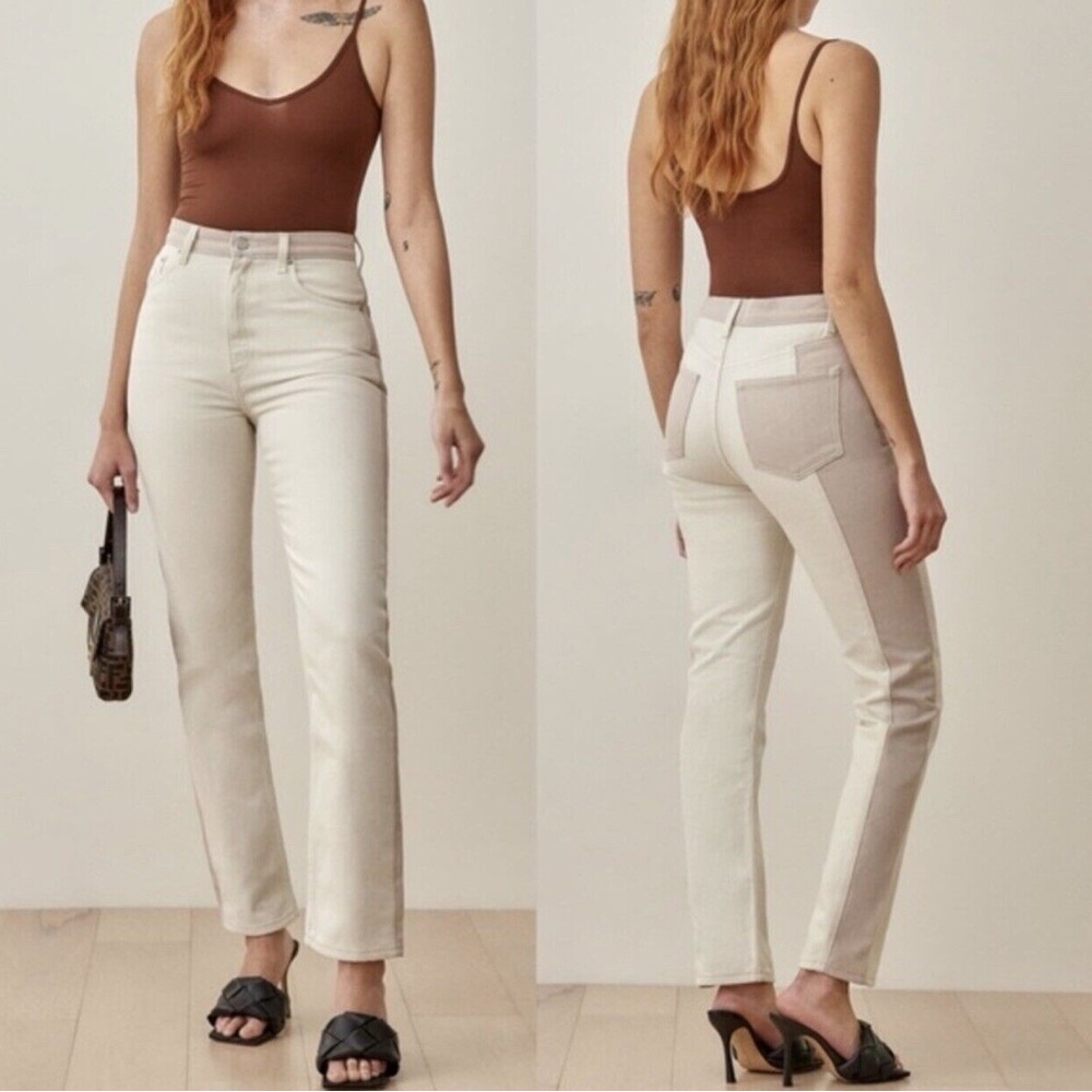 Reformation Cynthia Tonal Reworked High Rise Straight LCream and Tan Women Jeans